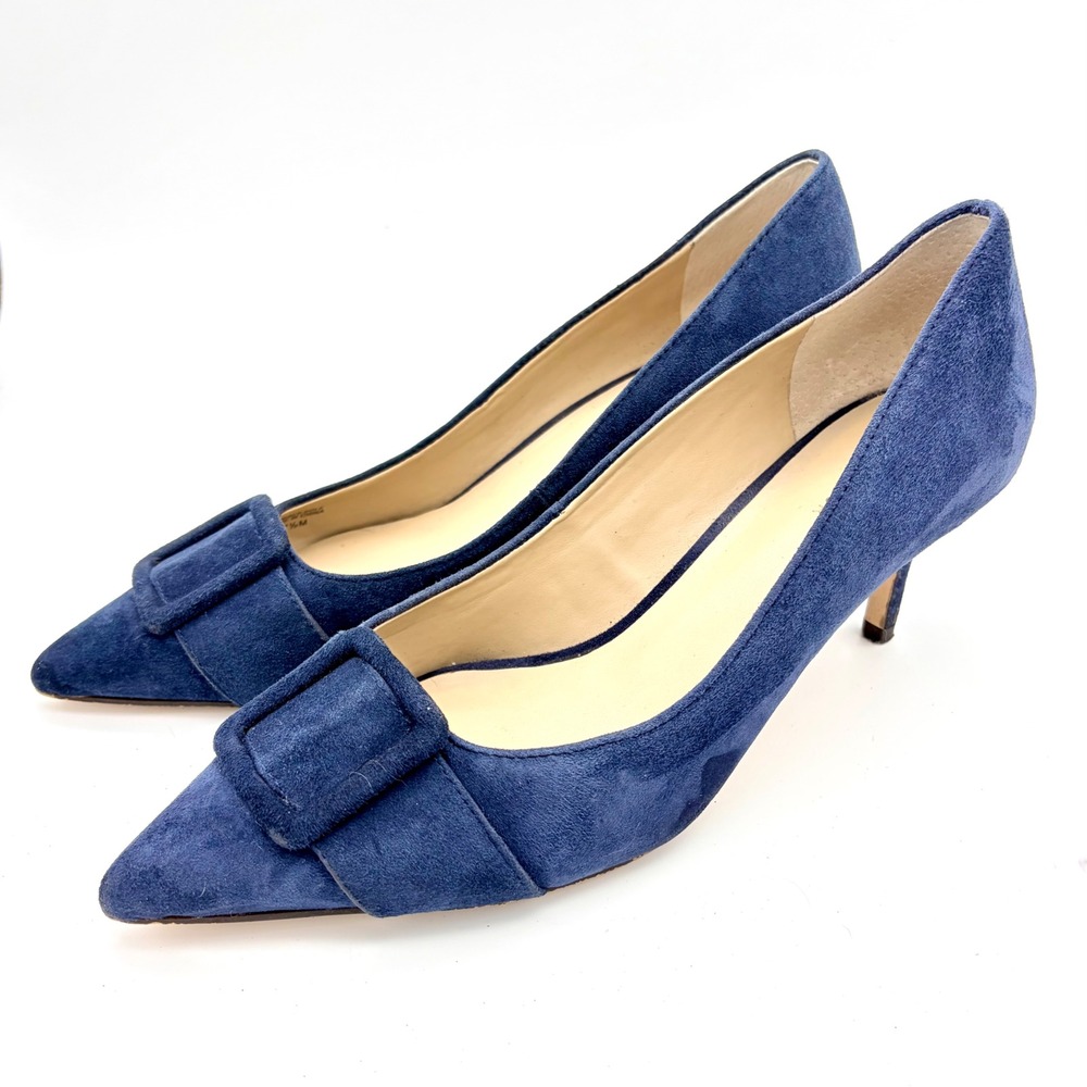 Ann Taylor Mila Navy Blue Suede Buckle Kitten Heel Pumps Pointed Toe Womens 7.5M